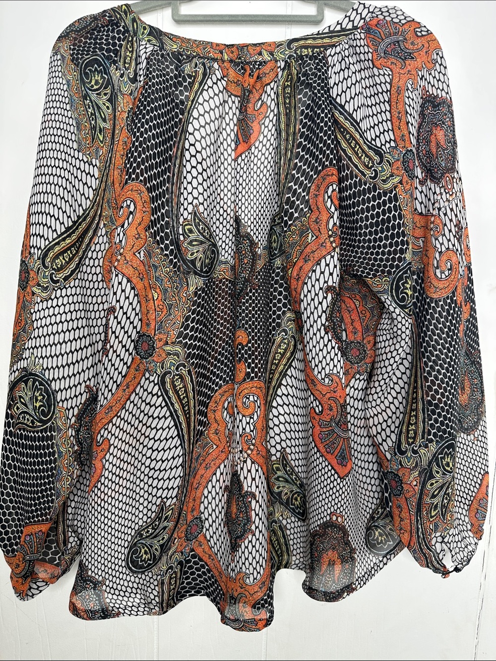 Sheer Paisley V-Neck Blouse in Orange and Black - Picture 6 of 6